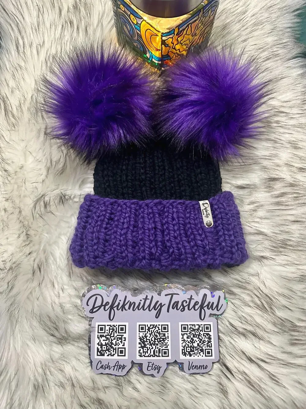 Hand Knit Beanie with Double Faux Fur Poms - Adult Winter Hat